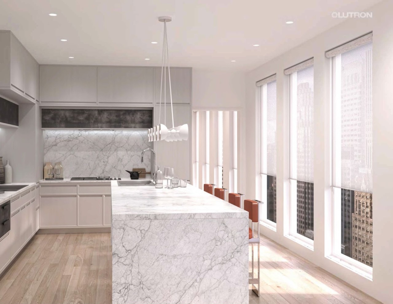Morning sunshine streams into a kitchen in a modern high-rise with Lutron palladiom shades halfway open on the windows.